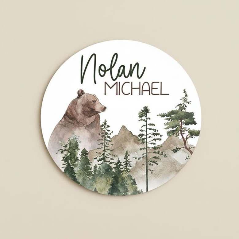 Mountain Round Wood Sign Personalized Baby Boy Adventure Name Art