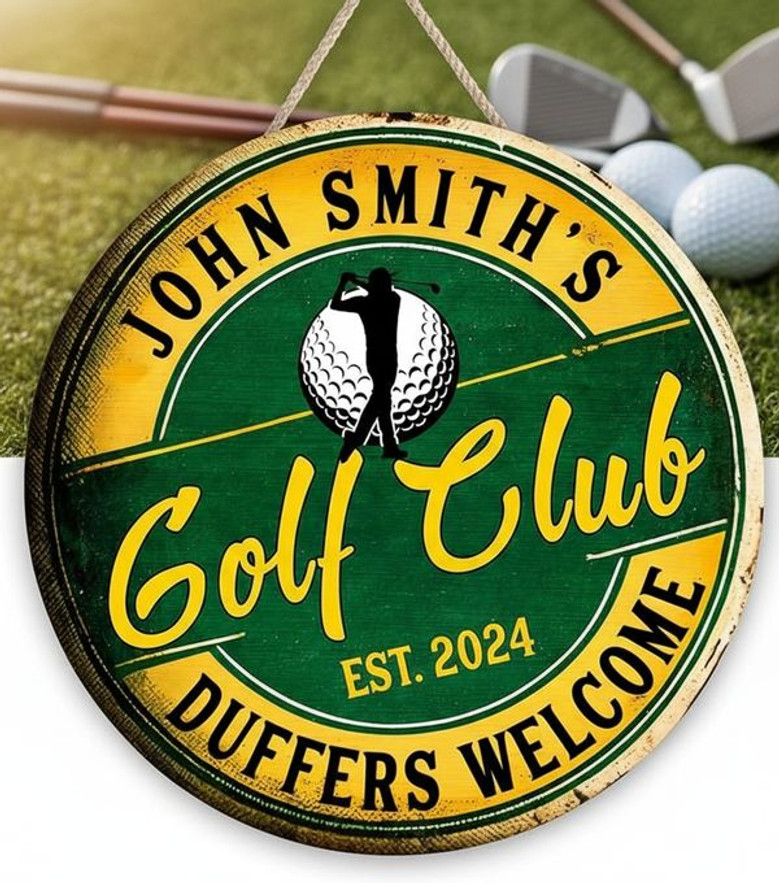 Personalized Golf Club Round Wood Sign Duffer Welcome Man Cave Decor