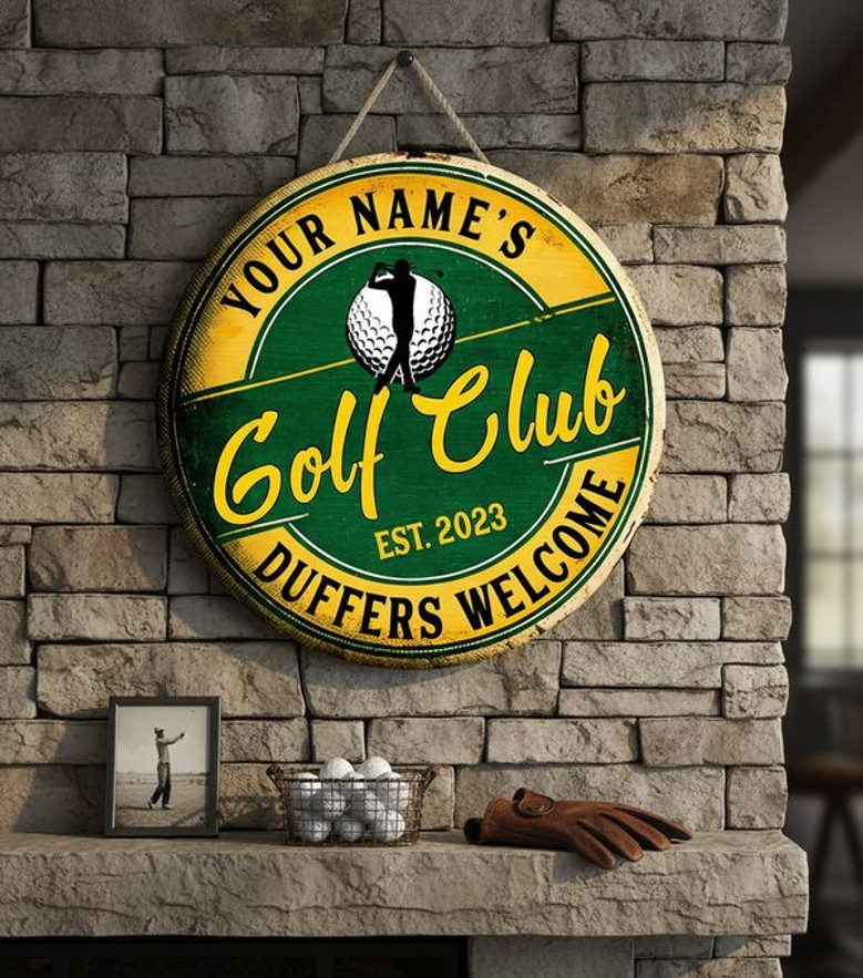 Personalized Golf Club Round Wood Sign Duffer Welcome Man Cave Decor