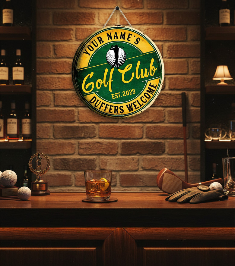 Personalized Golf Club Round Wood Sign Duffer Welcome Man Cave Decor