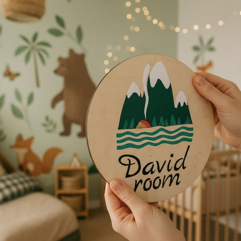 Personalized Mountain Round Wood Sign A Woodland Nursery Dream