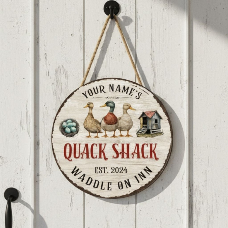 Rustic Duck Quack Shack Personalized Farm Round Wood Sign