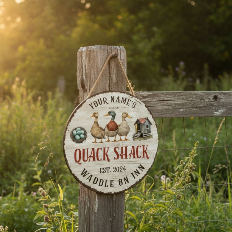 Rustic Duck Quack Shack Personalized Farm Round Wood Sign