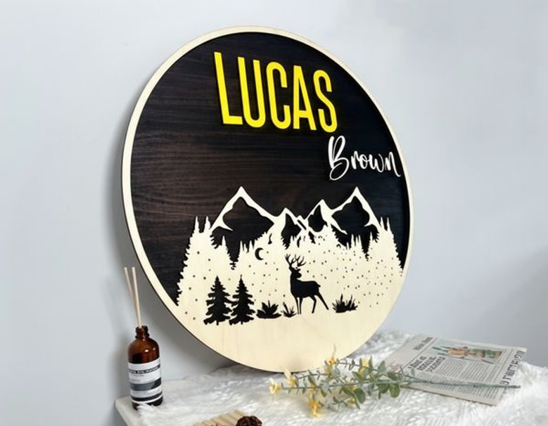 Rustic Mountain Round Wood Sign Deer Woodland Nursery Decor