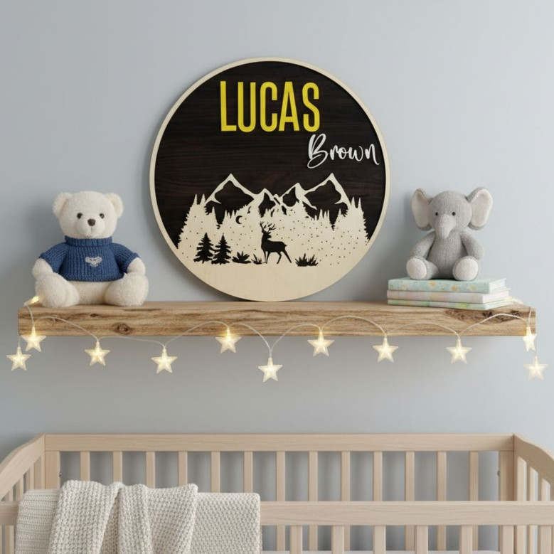 Rustic Mountain Round Wood Sign Deer Woodland Nursery Decor