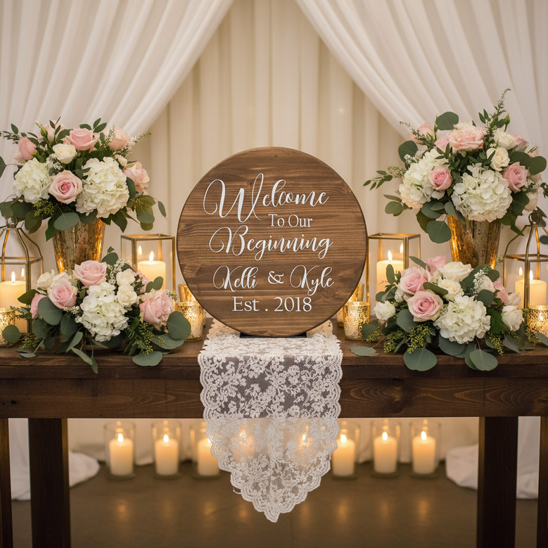 Rustic Wedding Round Wood Sign Custom Names and New Beginnings