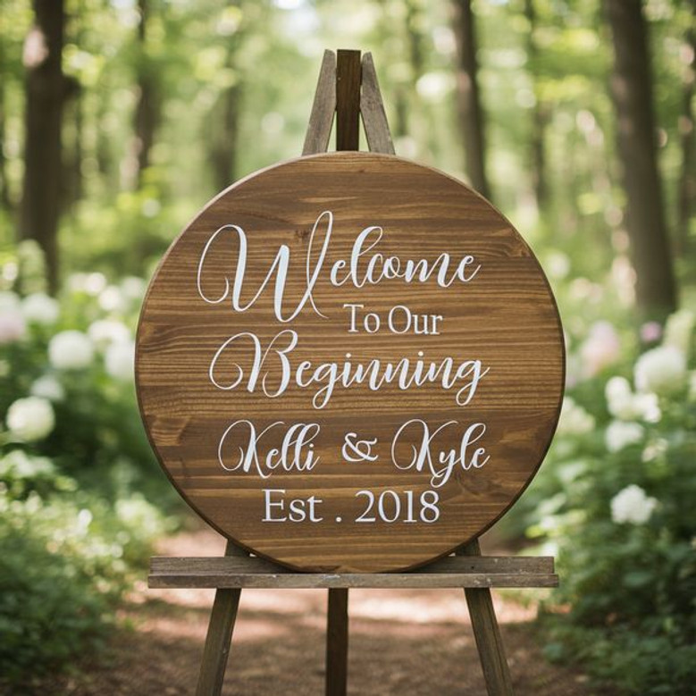 Rustic Wedding Round Wood Sign Custom Names and New Beginnings
