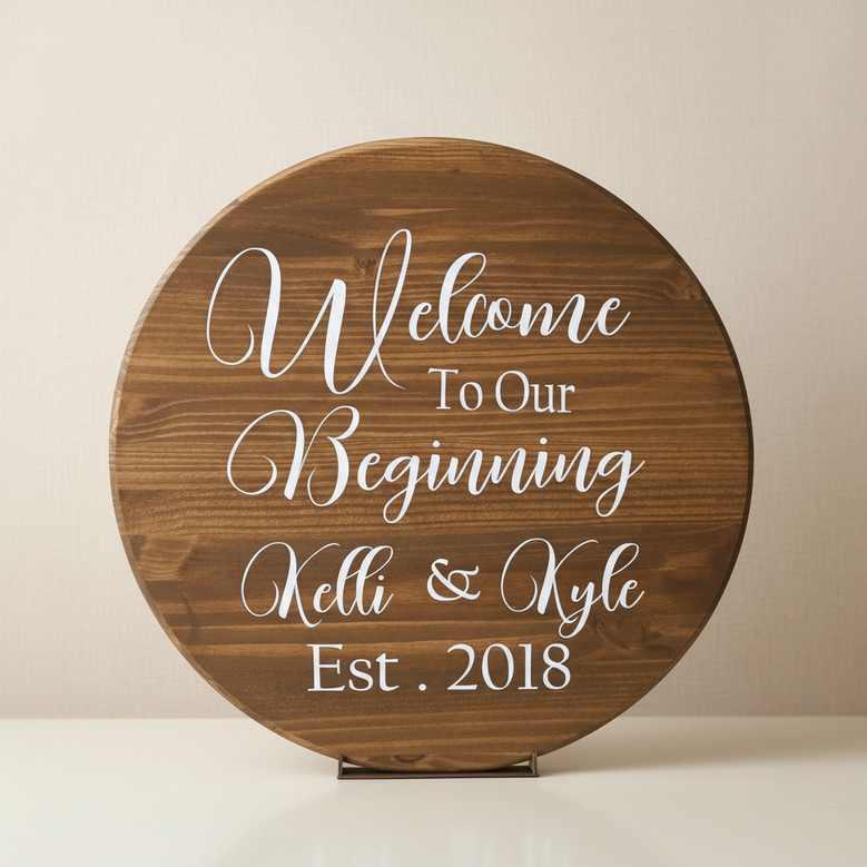 Rustic Wedding Round Wood Sign Custom Names and New Beginnings