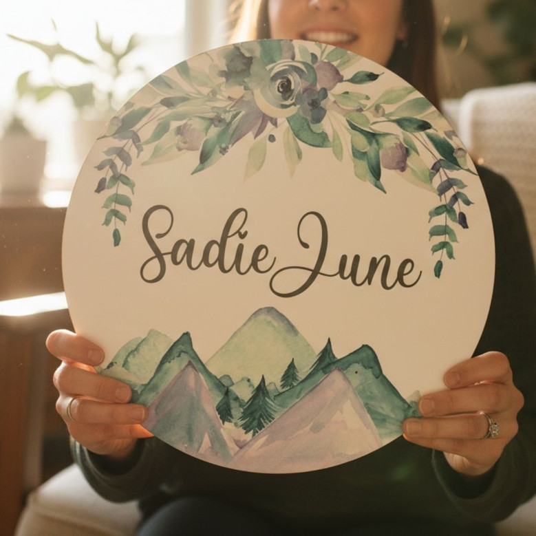 Sweet Watercolor Mountain Round Wood Sign for Baby Girl