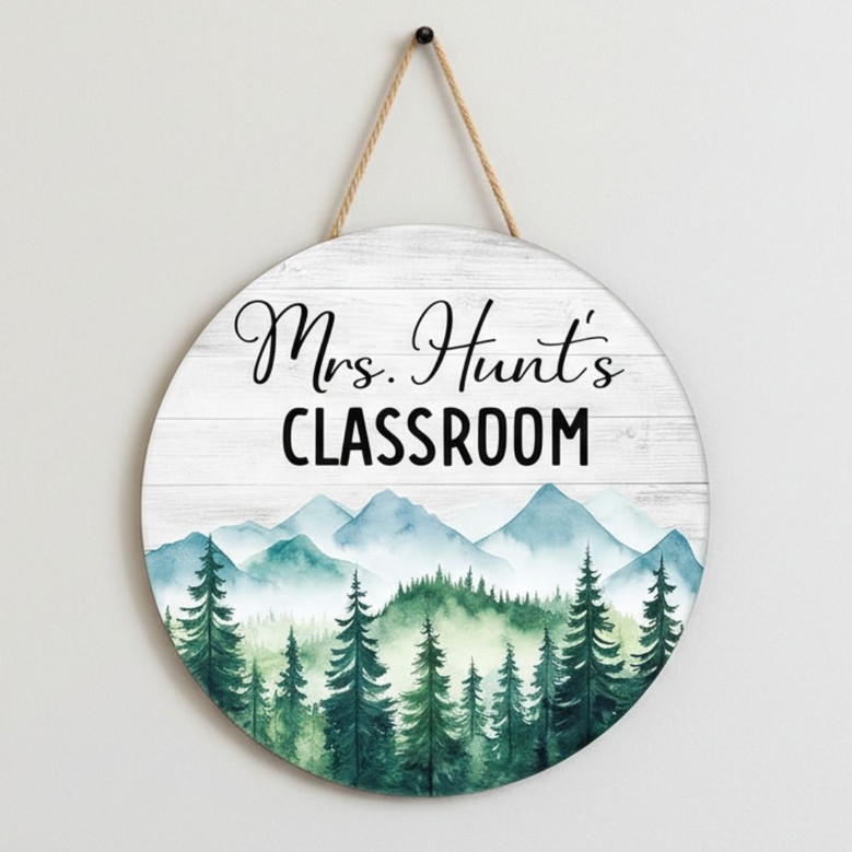 Teachers Forest Haven Custom Mountain Round Wood Sign Decor