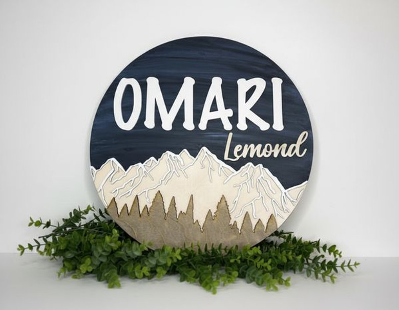Whimsical Woodland Art Mountain Round Wood Sign for the Nursery