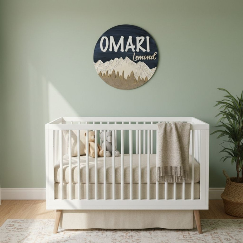Whimsical Woodland Art Mountain Round Wood Sign for the Nursery