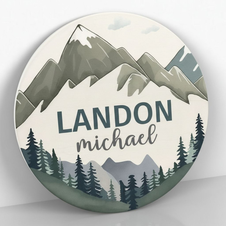 Woodland Adventure Mountain Round Wood Sign for Your Little One