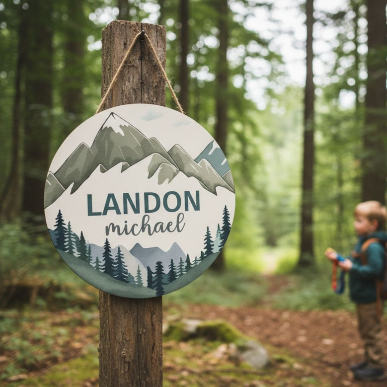 Woodland Adventure Mountain Round Wood Sign for Your Little One