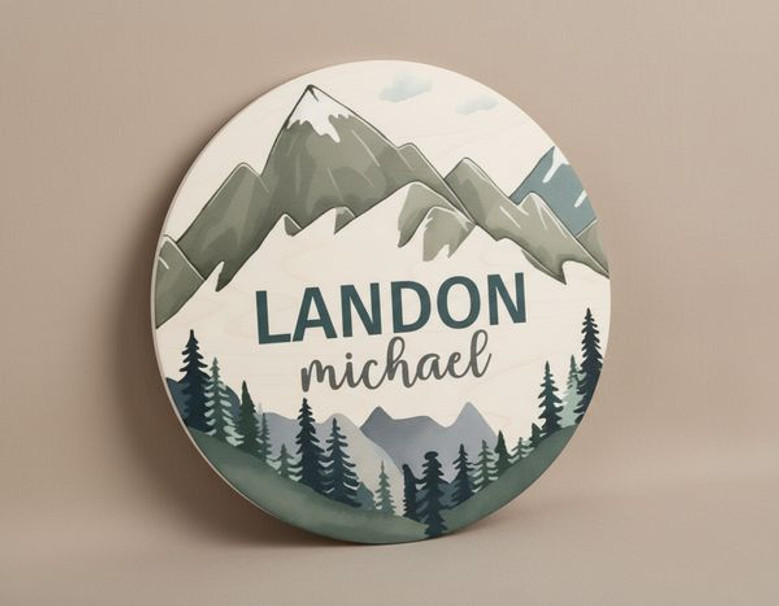 Woodland Adventure Mountain Round Wood Sign for Your Little One
