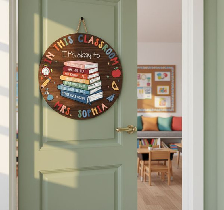 A Colorful Classroom Welcome, Teacher Round Wood Sign