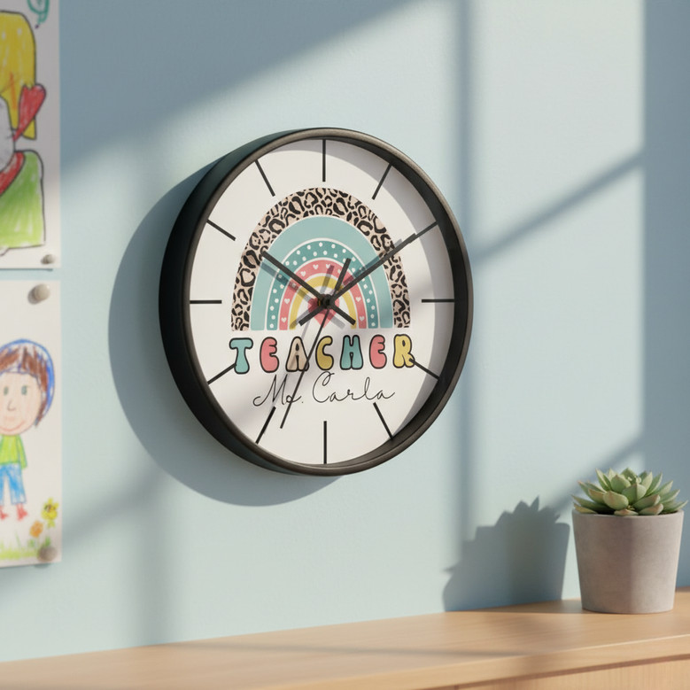 Colorful Teacher's Joy - Personalized Wall Clock with Rainbow Art