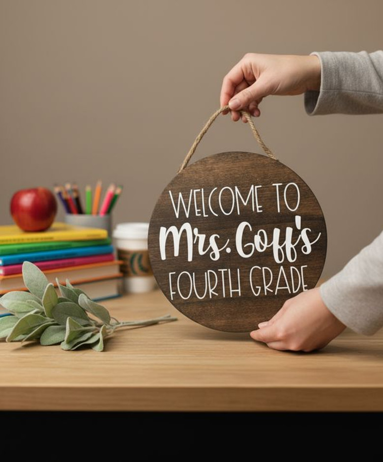 Custom Name Teacher Round Wood Sign Classroom Decor