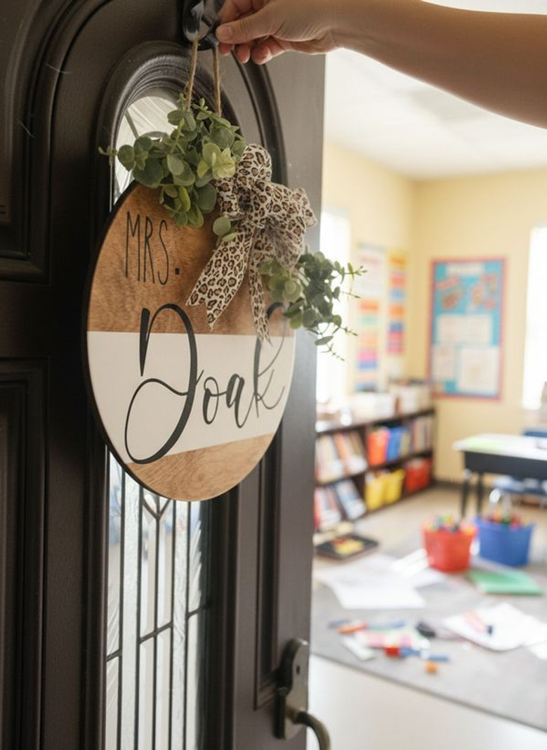 Farmhouse Style Personalized Teacher Round Wood Sign