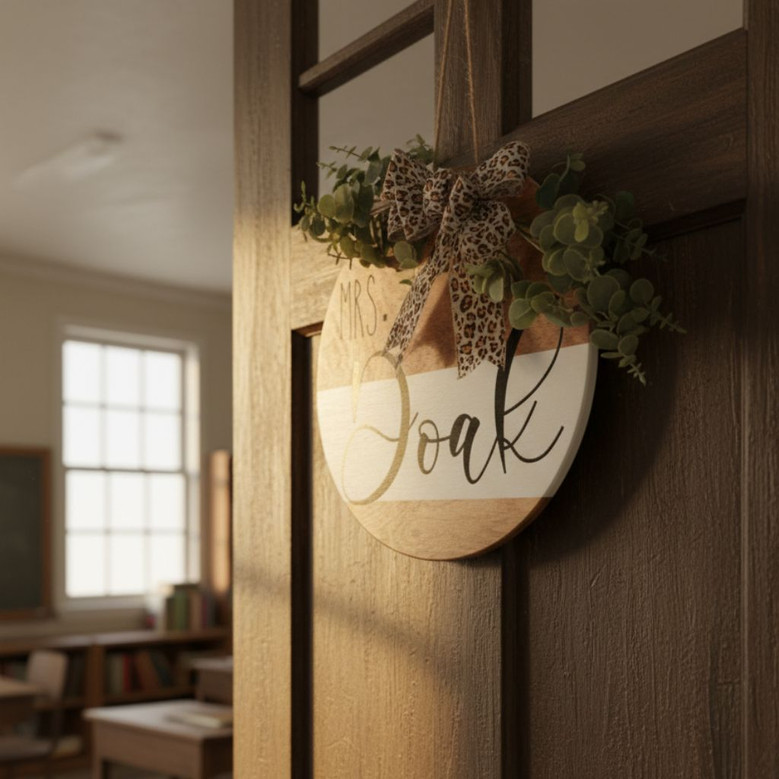 Farmhouse Style Personalized Teacher Round Wood Sign