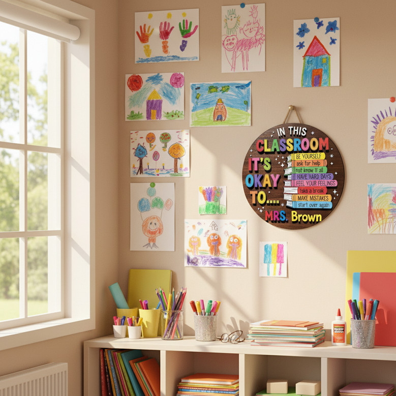 Inspirational Teacher Round Wood Sign for Students