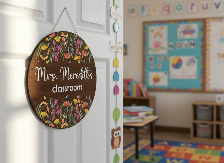 Personalized Teacher Round Wood Sign for Student Welcome
