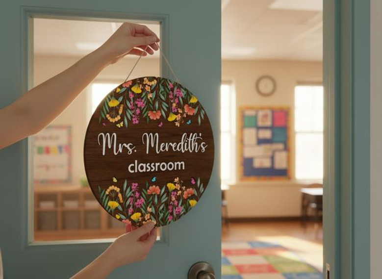Personalized Teacher Round Wood Sign for Student Welcome