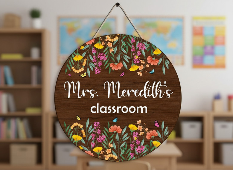 Personalized Teacher Round Wood Sign for Student Welcome