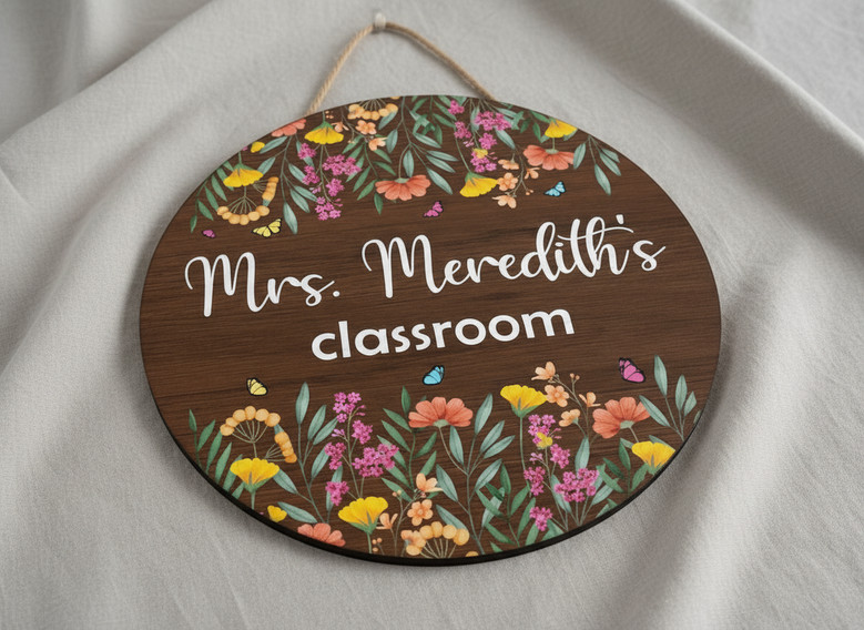Personalized Teacher Round Wood Sign for Student Welcome