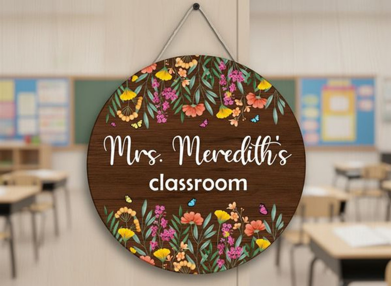Personalized Teacher Round Wood Sign for Student Welcome