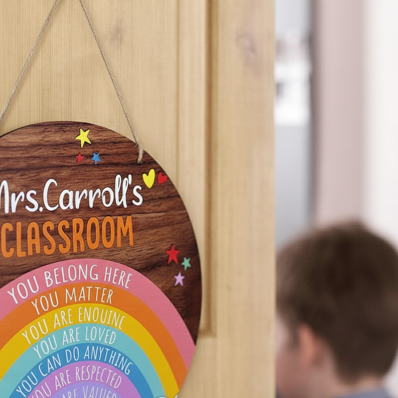 Vibrant Rainbow Personalized Teacher Round Wood Sign