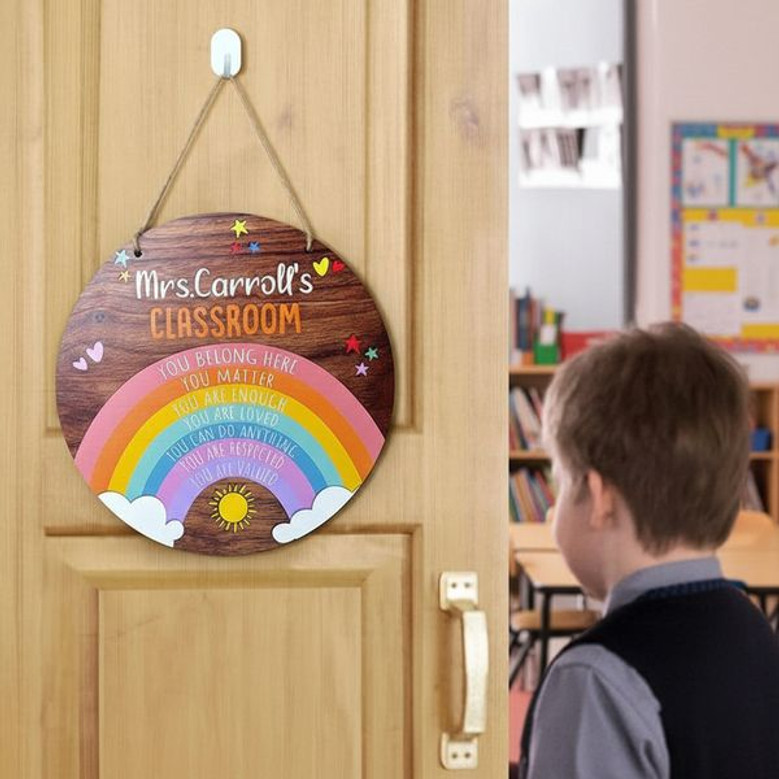 Vibrant Rainbow Personalized Teacher Round Wood Sign