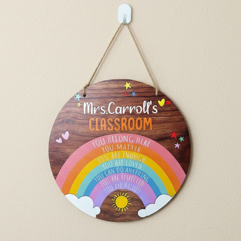 Vibrant Rainbow Personalized Teacher Round Wood Sign