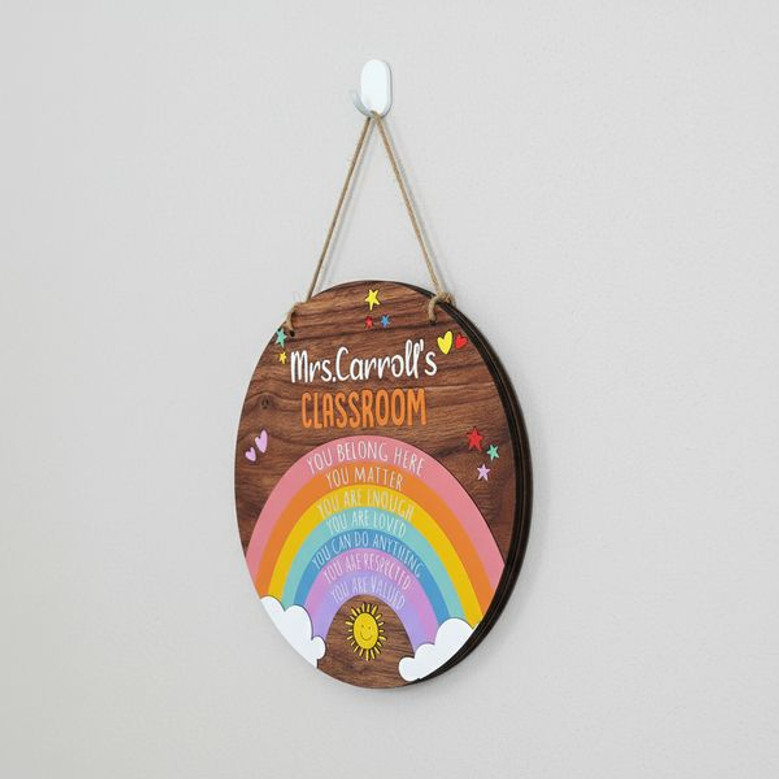 Vibrant Rainbow Personalized Teacher Round Wood Sign