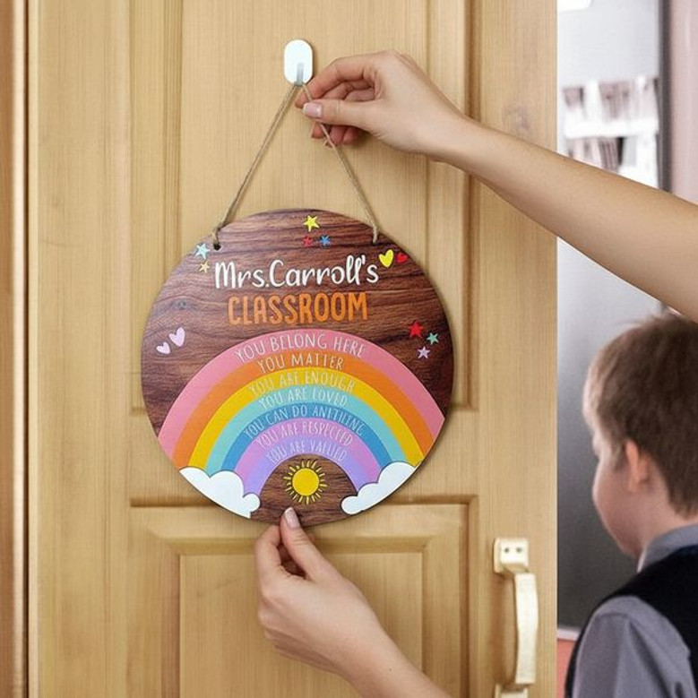 Vibrant Rainbow Personalized Teacher Round Wood Sign
