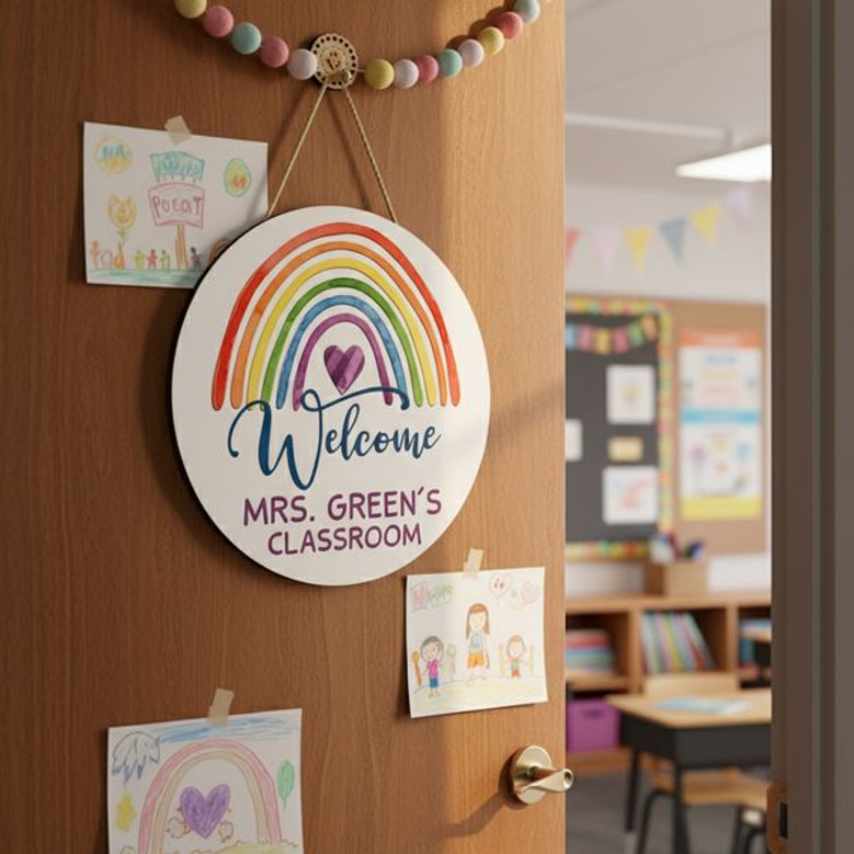 Vibrant Rainbow Welcome Teacher Round Wood Sign