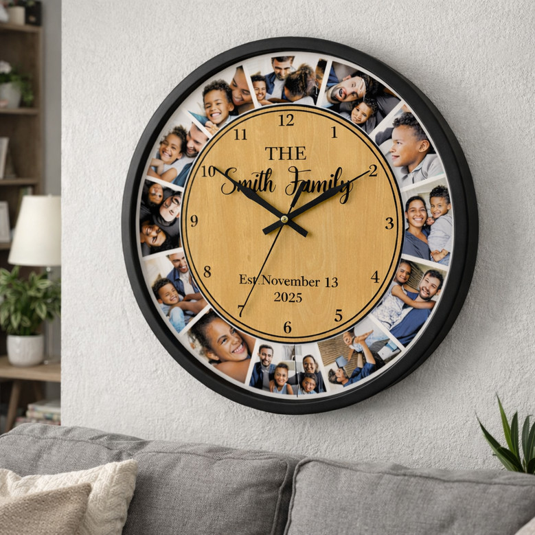 12-Photo Wooden Personalized Wall Clock - Unique Family Gift Art
