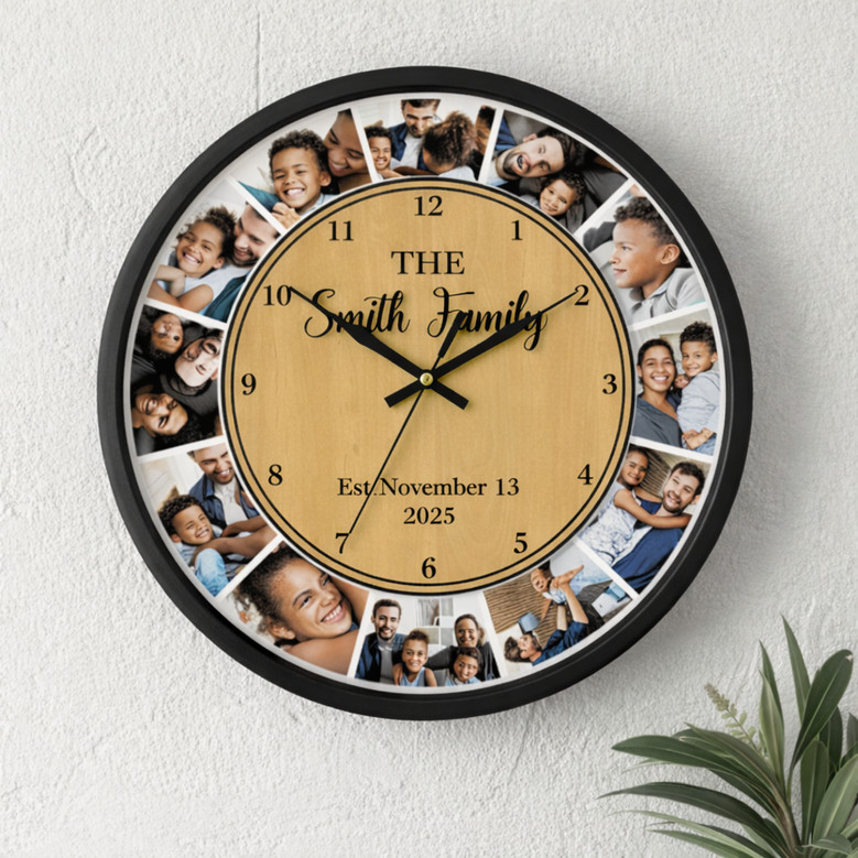 12-Photo Wooden Personalized Wall Clock - Unique Family Gift Art