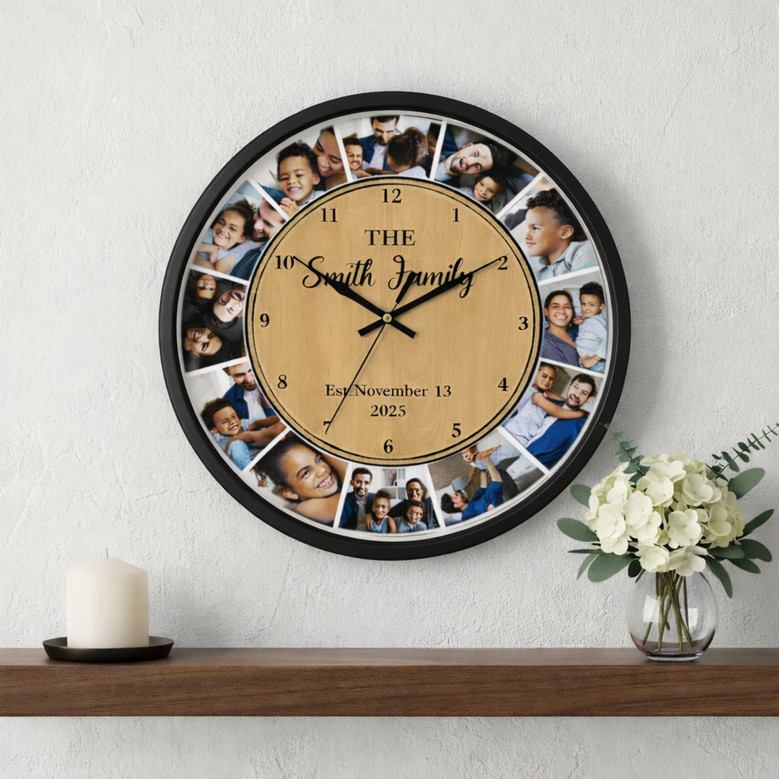 12-Photo Wooden Personalized Wall Clock - Unique Family Gift Art