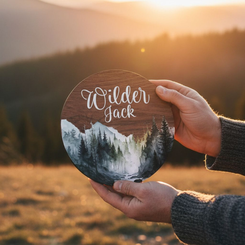Celestial Dreams Mountain Nursery Round Wood Sign Baby Name Decor