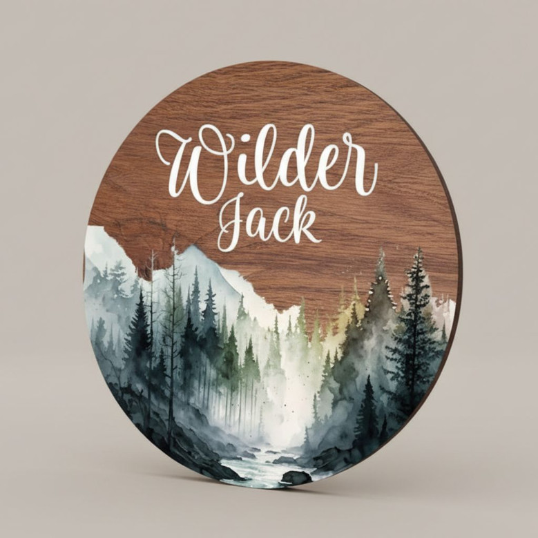 Celestial Dreams Mountain Nursery Round Wood Sign Baby Name Decor
