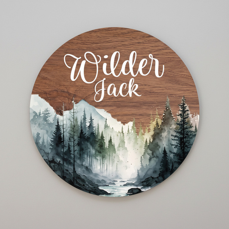 Celestial Dreams Mountain Nursery Round Wood Sign Baby Name Decor