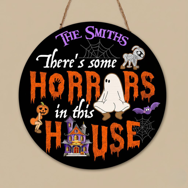 Custom Family Name Halloween Round Wood Sign Spooky Home Decor