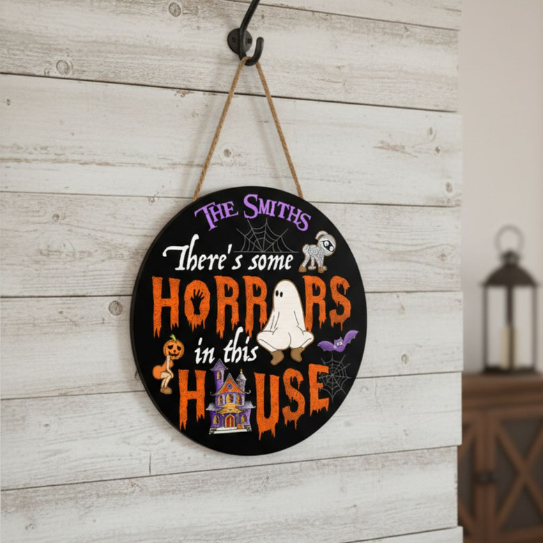 Custom Family Name Halloween Round Wood Sign Spooky Home Decor
