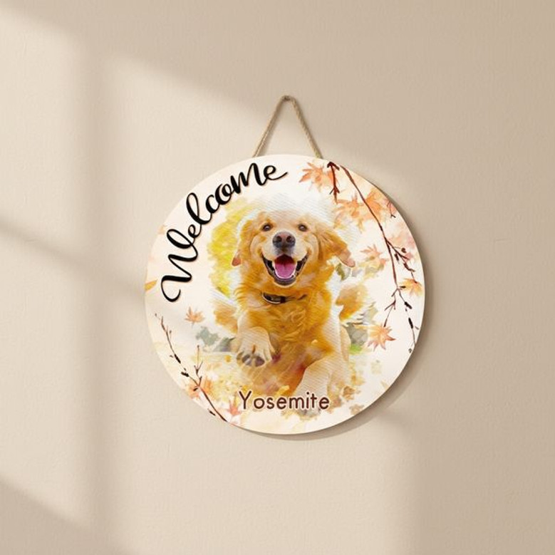 Custom Pet Portrait Animal Round Wood Sign Autumn Fall Decor