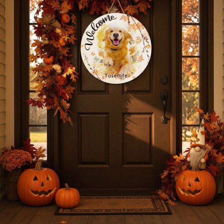 Custom Pet Portrait Animal Round Wood Sign Autumn Fall Decor