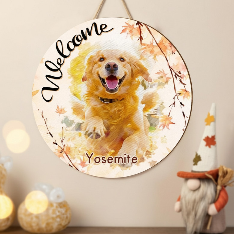 Custom Pet Portrait Animal Round Wood Sign Autumn Fall Decor