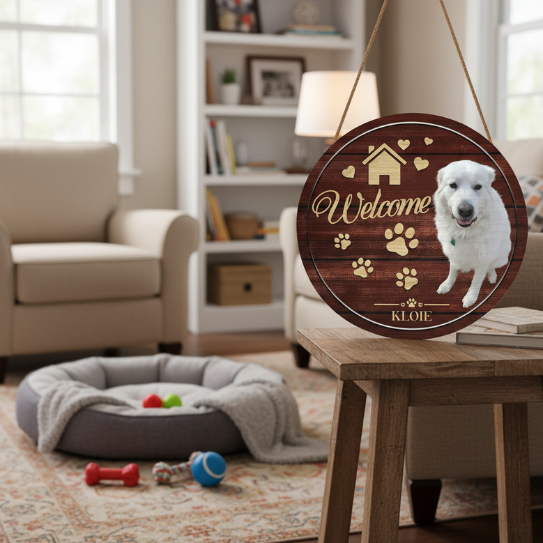 Custom Photo and Name Animal Round Wood Sign Pet Home Decor