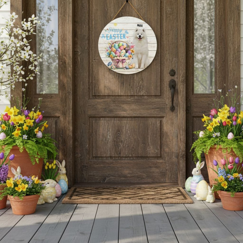 Easter Paws Custom Pet Animal Round Wood Sign Door Hanger