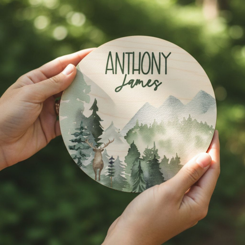 Forest Friends Peaks Personalized Mountain Nursery Round Wood Sign